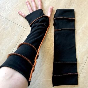 Unisex Black Cyber Goth Gloves Orange Elbow Length Arm Warmers Thumb Holes Mens